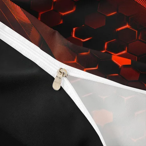 Vista 6 de Juego de ropa de cama de panal hexagonal para niños, niñas, adolescentes, funda de edredón geométrica transpirable, colmena geométrica roja y negra