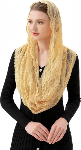 Vista 2 de PAMOR Infinity Chapel Veil Floral Latin Mass Head Cover Lace Scarf Mantilla Velos para Iglesia