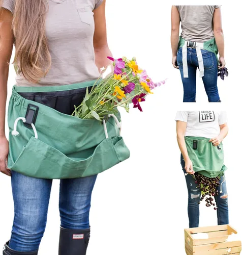 Vista 11 de Roo - Delantal de jardinería con bolsillos y cosecha, bolsa de recogida, ajustable, resistente al agua, lavable, lona de algodón