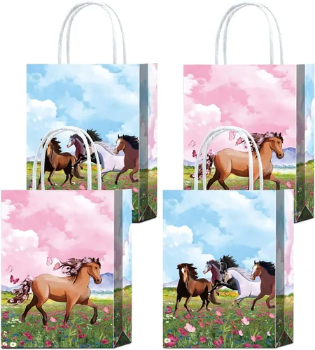 16 bolsas de golosinas de caballo para suministros de fiesta de cumpleaños, aperitivos de regalo, dulces con asas para decoraciones de fiesta de