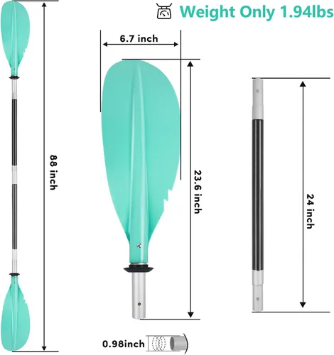 Vista 32 de Remo de kayak, 88 pulgadas, 4 piezas de remos para kayak, flotador de eje de aleación de aluminio resistente, ligero, desmontable, ajustable