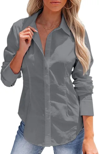 Vista 34 de siliteelon - Camisas de vestir de manga larga con botones para mujer, sin arrugas, cuello para trabajo, oficina, unicolor, blusas con corsé
