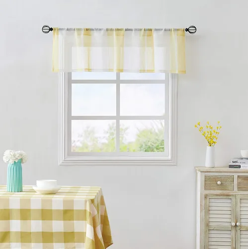 Vista 10 de Central Park Cortina Valance para Ventana de Cocina de Rayas Verticales Transparente Boucle de Lino Beige y Blanco, Paneles Rústicos Decorativos