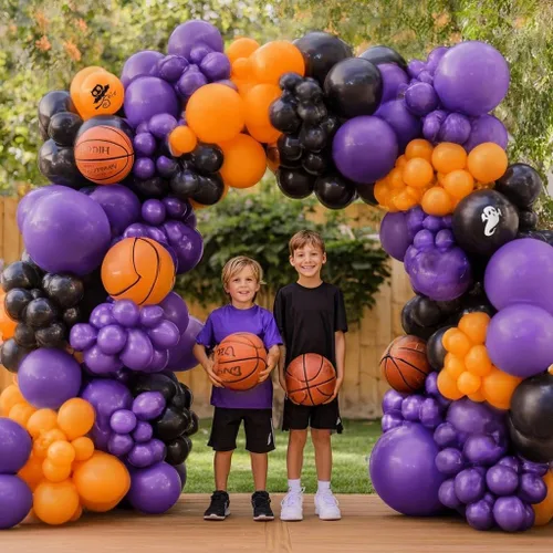 Vista 2 de Kit de arco de globos de Halloween, guirnalda de globos de doble relleno, color negro, morado, naranja, globos naranja quemado con globos