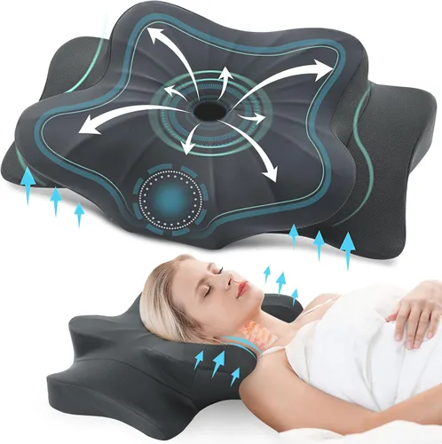 Vista 14 de DONAMA - Almohada cervical para cuello y hombros, diseño de espuma viscoelástica contorneado, soporte ergonómico para dormir de lado, espalda o boca