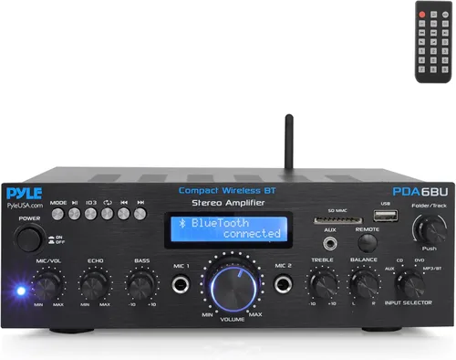 Pyle Sistema de amplificador de potencia Bluetooth inalámbrico: receptor estéreo de audio de sonido de doble canal de 200 W con USB, SD, AUX,