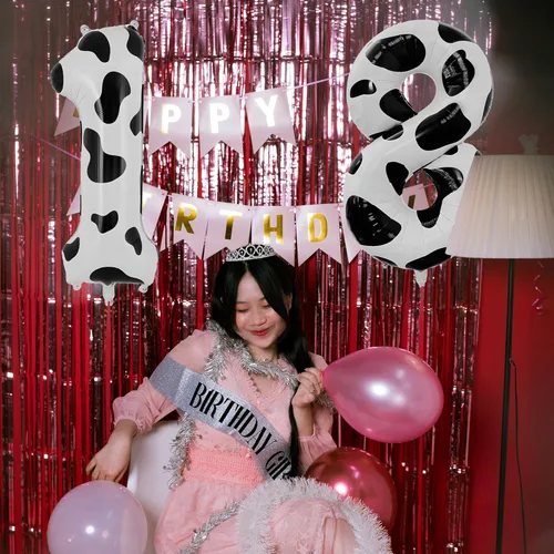 Vista 5 de Globo con estampado de vaca, decoración de fiesta de cumpleaños, globo número 5 de 40 pulgadas para 5º cumpleaños, suministros de fiesta de vaquera