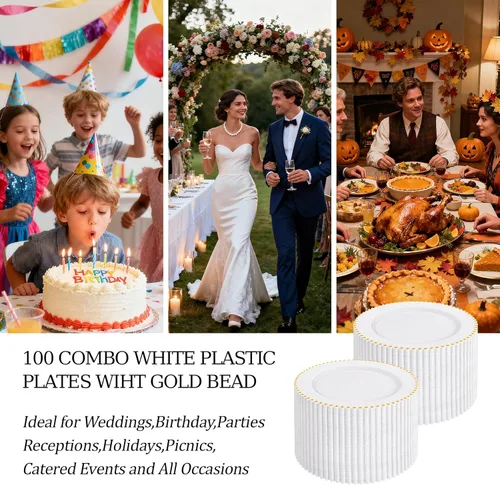 Vista 7 de supernal 100 platos de plástico blanco y dorado, elegantes platos desechables de 10 pulgadas, platos de plástico resistentes para fiestas, bodas