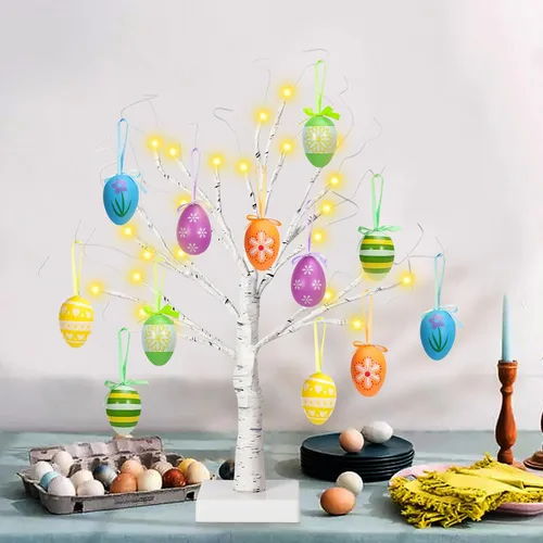Vista 6 de Árbol de abedul iluminado de Pascua de 24 pulgadas con 12 adornos, LED blanco cálido, árbol artificial de mesa, 8 modos de iluminación USB