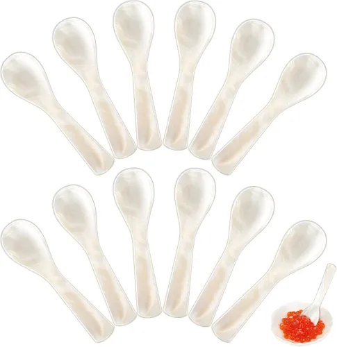 Vista 8 de Cucharas de Caviar de Nácar con Mango Redondo Hecho a Mano para Caviar, Huevo, Helado, Sal, Café, Juego de Servicio de Restaurante