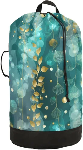 Vista 45 de Mochila de lavandería con hojas de estilo bohemio beige con correas ajustables para el hombro, bolsa de lavandería sucia para viajes, campamento