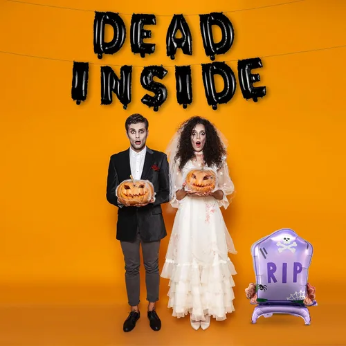 Vista 3 de HOUSE OF PARTY Globos de aluminio de Halloween de 22 pulgadas – Globos de letras «DEAD INSIDE» para decoraciones de cementerio – Globo de aluminio