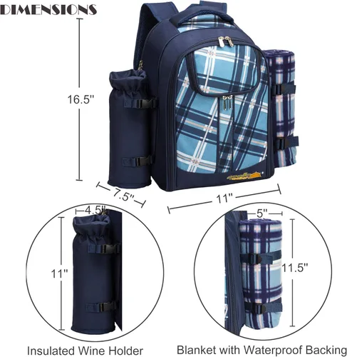 Vista 6 de Apollo walker Juego de mochila de picnic para 4 con compartimento refrigerador, soporte desmontable para botellas/vino que incluye manta de picnic