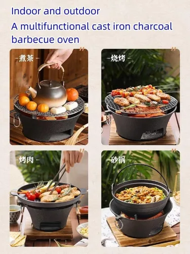 Vista 3 de Parrilla de carbón para barbacoa, parrilla de carbón de hierro fundido, parrilla hibachi, parrilla mini de carbón para camping, estufa portátil