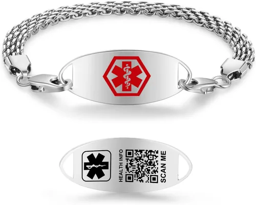 Vista 7 de Pulseras de identificación médica con código QR mejoradas para mujeres, pulsera de alerta médica - Cadena de eslabones de 7'' ~9'' de plata de ley
