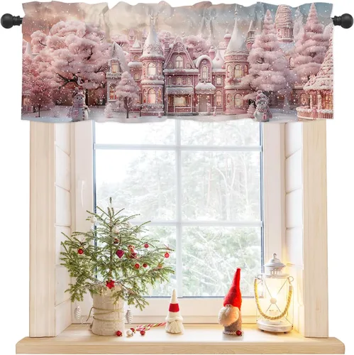 Cenefa de cortina de casa de Navidad para ventanas, sala de estar, cocina, baño, granja, color rosa rubor, romántico, copo de nieve, con bolsillo