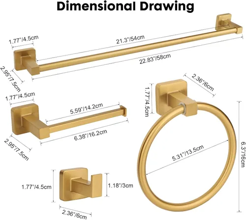 Vista 8 de Juego de 5 piezas de accesorios de baño de oro cepillado, juego de barra de toalla de mano de acero inoxidable de 60 cm dorado, soporte de papel