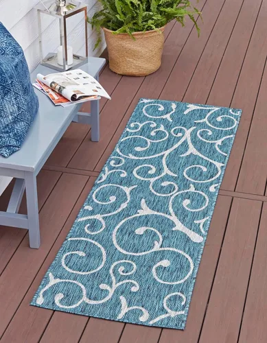 Vista 42 de Rugs.com Outdoor Botanical Collection - Alfombra de tejido plano azul de 2 x 6 pies, perfecta para pasillos y entradas