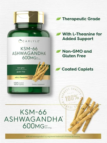 Vista 4 de Carlyle KSM-66 Extracto de raíz de Ashwagandha de 600 mg 120 comprimidos veganos Suplemento con L-teanina Sin OMG, sin gluten