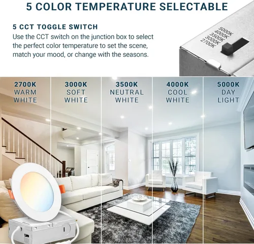 Vista 4 de PARMIDA - Paquete de 6 luces LED empotrables de 4 pulgadas regulables 5CCT ultrafina con caja de conexiones, 5 colores seleccionables