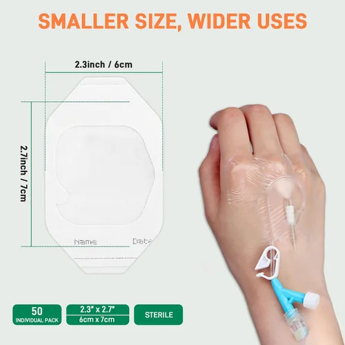 Vista 2 de Vendaje de película transparente de 2.4 x 2.7 pulgadas, 50 paquetes de parches adhesivos impermeables transpirables para heridas, cómodo vendaje