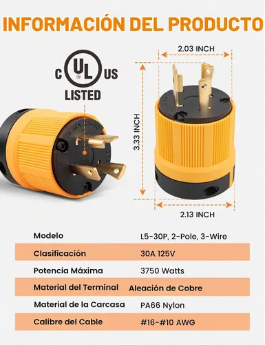 Vista 2 de MECMO 30A 125V NEMA L5-30P - Enchufe de bloqueo para generador, 3 clavijas Twist Lock RV Marine Generator Macho, 30 amperios, 125 voltios, 2 polos