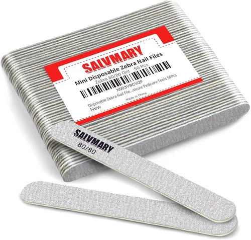 SALVMARY - Lima de uñas de cebra desechables profesionales de grano 80/80, 50 unidades | Sandpaper & wood material, coarse grit emery boards for gel