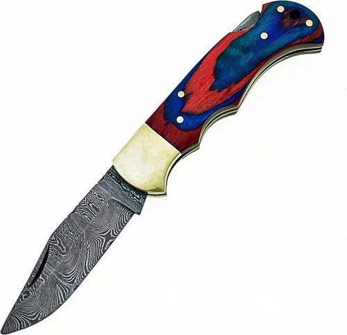Vista 2 de Cuchillo plegable de acero de Damasco hecho a mano personalizado/cuchillo de bolsillo SS-17482 (madera de color rojo y azul) (negro)