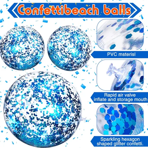 Vista 5 de Lewtemi 12 bolas de playa inflables de lentejuelas de 24 pulgadas y 16 pulgadas, bolas de playa transparentes de confeti con purpurina, pelotas