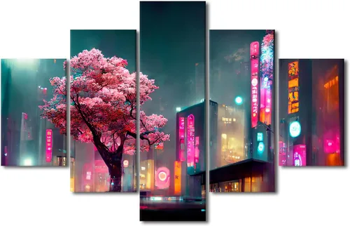Vista 34 de Póster de 5 paneles en lienzo para decoración de pared, diseño de centro urbano Cyberpunk, impresión moderna, decoración de pared para el hogar