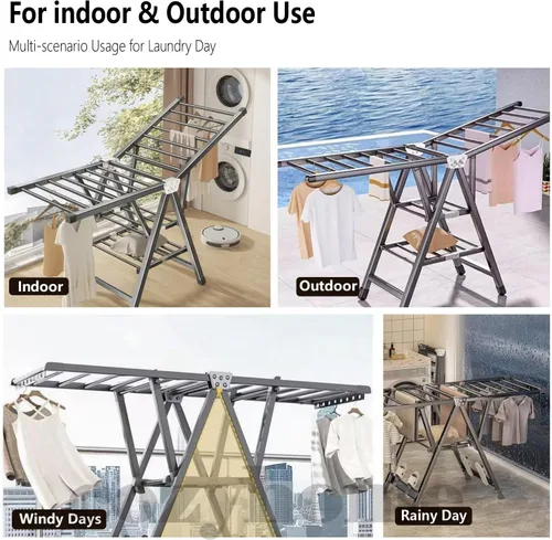 Vista 6 de Tendedero plegable de 71 pulgadas, con ruedas, secadora de ropa de metal resistente, diseño extragrueso de pie