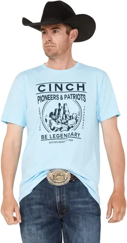 Cinch Pioneers and Patriots - Camiseta de manga corta con gráfico escénico para hombre, color azul jaspeado, talla S, Azul jaspeado