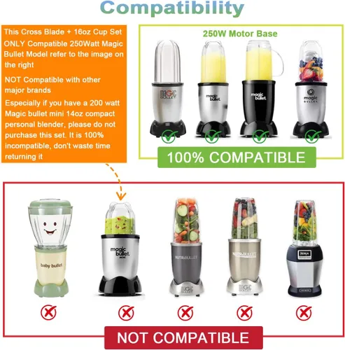Vista 4 de Cuchilla cruzada de repuesto + juego de taza de 16 oz para Magic Bullet, piezas de repuesto compatibles con licuadora Magic Bullet MB1001 de 250 W