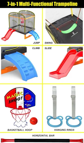 Vista 3 de LANGXUN Trampolín rectangular 7 en 1 de 6.5 pies para niños, con escalada, tobogán, columpio, aro de baloncesto, multifuncional, para interiores