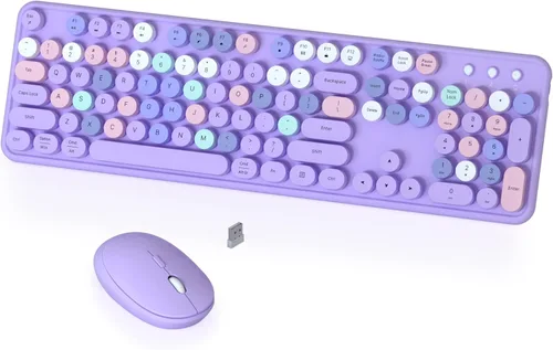 Vista 11 de Combo de teclado y mouse inalámbricos coloridos, teclado retro inalámbrico COVEVA de 2.4GHz con teclas redondas bonitas, juego de teclado y mouse