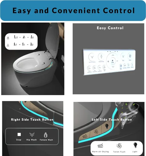Vista 3 de WinZo Inodoro inteligente moderno en forma de huevo con bidé integrado, descarga automática/apertura automática, pantalla LED de luz nocturna, Gris