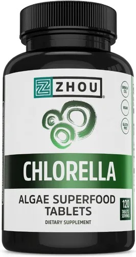 Zhou Chlorella Tablets - Suplemento de clorella, vitaminas de clorofila, superalimento de algas verdes puras, píldoras súper alimentarias ricas en