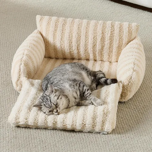 Vista 6 de Hollypet Cama para gatos, mullida, multifuncional, de doble capa, suave para mascotas, sofá ortopédico para gatos y perros pequeños, color beige