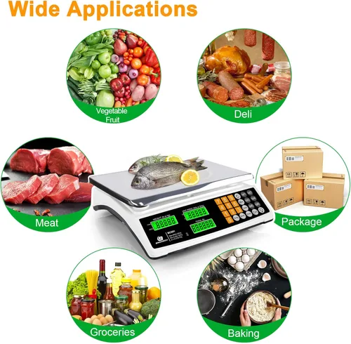Vista 6 de Báscula de cálculo de precios 88 lb/40 kg Báscula comercial de alimentos para pesaje de productos de carne, pantalla LCD y retroiluminación verde