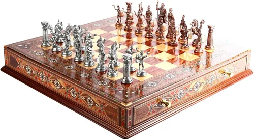 Metal Chess Set for Adult Historical Antique Copper Rome Figures Handmade Pieces and Natural Solid Wooden Chess Board with Original Pearl Around
