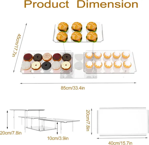 Juego de exhibición de mesa de postres de acrílico, soporte transparente para cupcakes, bandejas y platos de 3 niveles, soporte para bufé y soporte
