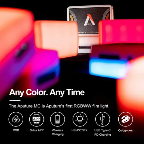 Vista 8 de Mini luz Aputure Amaran MC RGBWW de video para cámara, 3,200-6,500 K, CRI/TLCI 96+, modo HSI, soporte magnético para atracción, aplicación con USB-C