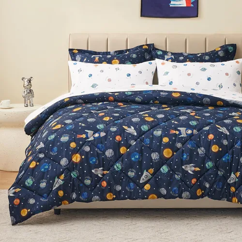 Vista 9 de PPOLCA Juego de edredón de dinosaurio azul tamaño individual para niños, ropa de cama de 5 piezas con sábanas y funda de almohada, súper suave