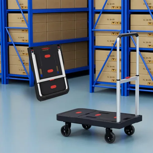 Vista 3 de Carro de empuje plegable para camión de plataforma, capacidad de peso de 330 libras, mango ajustable para carretilla de mano con ruedas giratorias