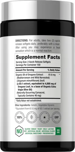 Vista 2 de Horbäach Aceite de orégano 300 cápsulas de cápsulas blandas Pastillas de Carvacrol de origen natural Suplemento de extracto sin OMG y sin