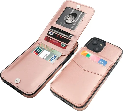 Vista 10 de KIHUWEY Funda compatible con iPhone 14 Plus con soporte para tarjeta de crédito, cierre magnético de cuero de alta calidad, función atril, funda