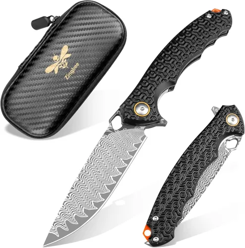 Vista 13 de Cuchillo de bolsillo de damasco Zingbee para hombres y mujeres, cuchillo plegable con mango de madera con funda, cuchillos de bolsillo de 3.15