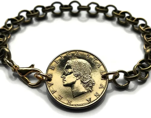 1957 Italy 20 Lire coin rolo link bracelet Italian lady Minerva Roma Florence Venice Milan Napoli Verona Torino Genoa Bologna Siena Ancona Palermo