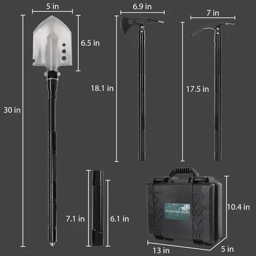 Vista 5 de Pala de supervivencia multiherramienta 14 en 1 – Pala plegable táctica y hacha para camping, senderismo, caza – Equipo de grado militar con mango