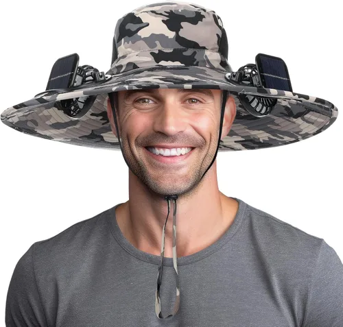 Vista 10 de Berlune Sombrero de sol para hombre con 2 ventiladores solares de ala ancha sombrero de pesca al aire libre USB y energía solar para protección